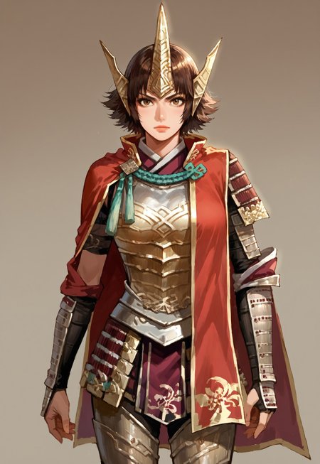 safe_pos, Score_9_up, source_8_up, score_7_up, source_anime, 1girl, solo, ginchiyoSW4, brown hair, short hair, breasts, headgear, japanese armor, jinbaori, gauntlets, greaves,