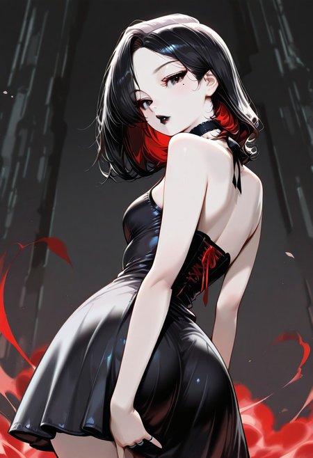 masterpiece, best quality, 32k, high resolution, absurdres, HD32k, masterpiece, In the style of Jedppa, popart,  Mathilde, MathildeRH, asian girl, solo, 1girl, black hair, parted hair, medium hair, double_tendrils, two-tone_hair (red-black), dark eyes, Asian eyes, slim, small perky breasts, dark makeup, black lipgloss, posing, goth background, creepy background, , cowboy shot, looking at the viewer, detailed lips, flirty, mole under eye, pale skin, expressive, posing sexy, short goth dress, laces, ribbons, choker, necklace, finger rings, parted lips, front view, deep cleavage,, focus on face , high angle view,, ((from behind shot, back view)) ,