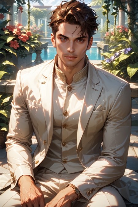 score_9, score_8_up, score_7_up,
<lora:MEKaidan:0.8>
MEKaidan, 1boy, brown hair, short hair, brown eyes, looking at viewer, sitting on a stone bench in a Mediterranean courtyard, wearing a light linen suit, vines and flowers around, warm sunlight, elegant and relaxed mood