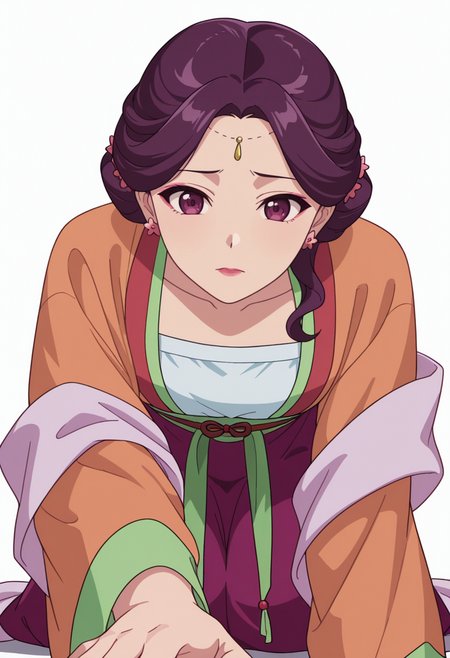 Smooth Quality,masterpiece,very intricate, high quality details, ultra realistic, high detailed skin,detailed enviorement,absurdres,
partially undressed, 
 <lora:Yinghua_CNR:0.8> yinghuacnr, purple hair,  purple eyes, yinghua_orange_cnr, hanfu, japanese clothes,long sleeves, sash, shawl,earrings,hair ornament, makeup, lipstick,, simple background, white background, front view,
kneeling pose, one hand on the ground, other hand reaching forward, focused gaze, tense muscles,  ,despair,