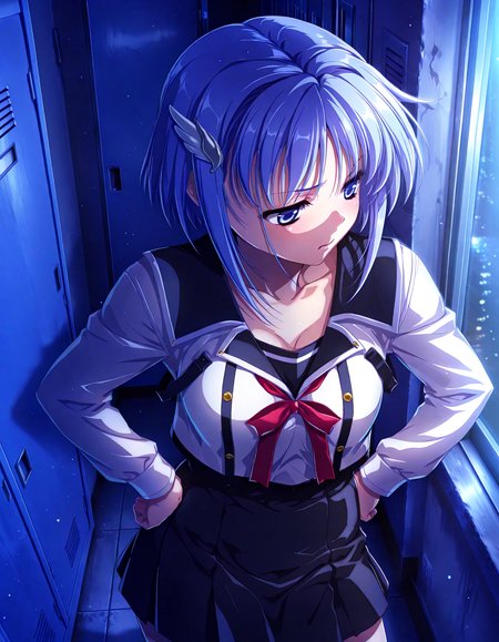 (1girl, solo:1.3), (2girls, 3girls, 4girls, multiple girls, 2boys, 3boys, 4boys, multiple boys:-1.5) <lora:Kajio_Honoka_Denshanai_de_Now_Illustrious:0.9>, kajio_honoka, medium breasts, blue eyes, blue hair, short hair, bangs, sidelocks, hair ornament, school uniform, serafuku, red ribbon, black skirt, pleated skirt, (pout:0.7), (half-closed eyes:0.7), general, contrapposto, dynamic pose, hands on own hips, portrait, from behind, from above, , indoors, school, school hallway, corridor, lockers, window, outdoor view, (curtains:-1.0), <lora:NOOB_EPSv1_1_detailer_by_vlnvk_v1_0:1.5>, (photo background:0.7), night, (tachibana yuu:0.6), inue shinsuke, (kazuma muramasa:0.0), saikawa yusa, (aoi manabu:0.6), abarerumidori, (suzui narumi:0.6), masterpiece, newest, absurdres, 8K, anime screenshot, anime coloring, flat color, official art, film grain, <lora:illustriousXLv01_stabilizer_v1.185c:0.7>, <lora:LECO_Solo:-4.0>,