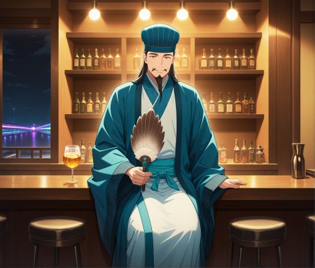masterpiece,best quality,amazing quality,very aesthetic,absurdres,newest, huge filesize, 
<lora:spo_sdxl_10ep_4k-data_lora_webui:0.5>,anime screenshot, 2d anime,anime coloring, 
<lora:add-detail-xl:1>  
<lora:Paripi_Koumei_V1:0.8>
Paripi_KoumeiV1,
1boy,facial hair,  solo, 
chinese clothes,hanfu,standing,
long sleeves,wide sleeves,
long hair,hat,blue headwear,robe,mustache,    
closed mouth,sash,black hair,p_koumei,  light smile, 
 feather fan,    pub,bar stool, bartender, sitting,  holding cup,
 pub, indoors, night, shibuya \(tokyo\),  stage lights, disco,