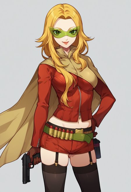 score_9, score_8_up, score_7_up, source_anime, BREAK solo, 1girl,  <lora:Nozomi-pdxl_Fp:1>, nozomidef, blonde hair, green eyes, long hair, tinted eyewear, midriff, zipper, short shorts, thighhighs, cape, long sleeves, brown gloves, black thighhighs, garter straps, smile, hand on own hip, holding gun, handgun, belt