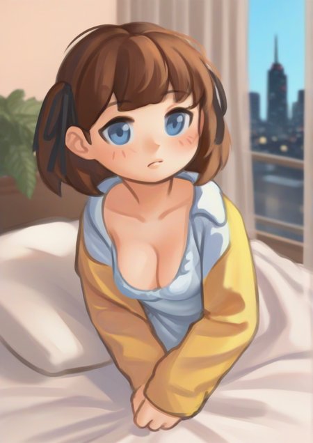1girl,zPDXL3,bed sheet, black ribbon, blue eyes, blurry, blurry background, bob cut, breasts, brown hair, cityscape, cleavage, collarbone, curtains, dress, hair ribbon, jacket, multicolored clothes, multicolored jacket, pillow, pom pom (clothes), ribbon, shirt grab, sleeves past wrists, solo, striped clothes, striped jacket, upper body, white dress, white jacket, yellow jacket <lora:Ohbunti:1>