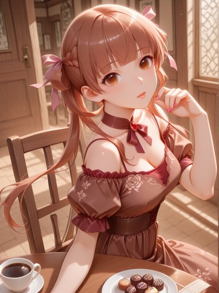 general, very awa, masterpiece, best quality, highres, absurdres, , ,eyesHD, high gradient eyes, detailed eyes, high definition eyes, ,, S1girl, ugar_Apple_Fairy_Tale_Anne_Halford, long hair, brown hair, twintails, hair ribbon, hair rings, braid, blunt bangs, brown eyes, breasts,lips,
Mocha_Petal_Dress, dress, bare shoulders, sleeveless, bare arms, floral print, spaghetti strap, brown dress, long dress, floral embroidery dress, cleavage, cafe,table, coffee, sweets, chocolate, colorful, sitting, on_chair, from above, pink_nails,