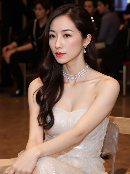 This is a photograph of a young Asian woman with long, wavy black hair, adorned with a subtle, elegant updo. She is seated in a dimly lit, indoor setting, possibly a formal event, as suggested by the background elements. She is wearing a strapless, white lace gown that accentuates her slender figure and fair skin. Her makeup is minimal, with a focus on a natural look, and she is accessorized with a delicate, sparkling choker and drop earrings. The lighting is soft and warm, highlighting her serene expression and the intricate details of her attire. The camera angle is at eye level, capturing her in a three-quarter profile, adhering to the rule of thirds for balanced composition.