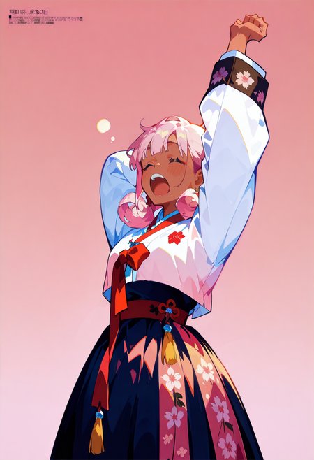 1girl,   pink hair, medium hair, curly hair,      tanline,   
BREAK   1girl, yawning, stretching, waking up,  orgasm,     
BREAK               hanbok, korean clothes, clothed_underbust, floral print, (hot pink background),    magazine scan, 
BREAK safe, masterpiece, best quality, very aesthetic, absurdres, highres, newest, <lora:ponyv5_noobV065S_1_adamW:0.7>, <lora:lora:0.4>, <lora:Unstable_v1.0:1>