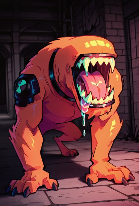 <lora:wildmutt-06:1> wildmutt, solo, no humans, claws, sharp teeth, no eyes, no ears,    <lora:sakfsdajfkasd:1> alpharecdyt, smiling, tongue out, drooling, black collar,, masterpiece, best quality, amazing quality, very aesthetic, absurdres, newest,