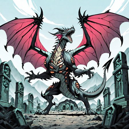 absurdres,newest,best quality,masterpiece,jojo,jojo's bizzare adventure,no humans,dragon,wings,horns,fleshmutant,extra mouths,extra eyes,graveyrad,tomb stones,open mouth,sharp teeth,outdoors