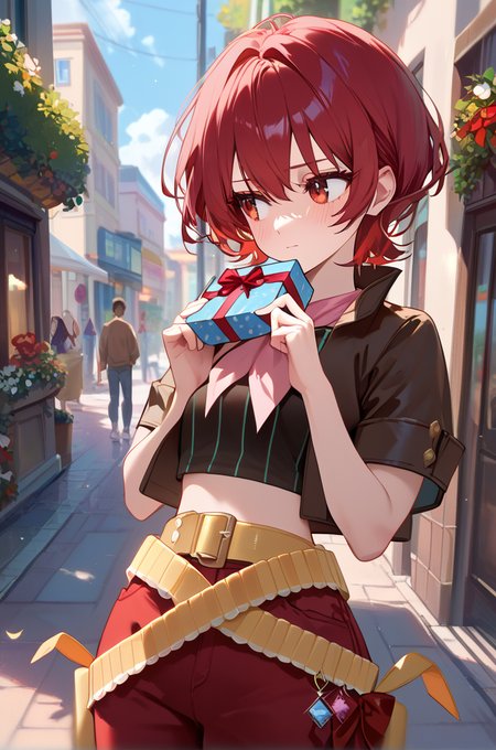 score_9, score_8_up, score_7_up, very aesthetic, source_anime, detailed,
street, blurry background,
blush, embarrassed, 
holding gift box,
looking away, 
<lora:iria_autismConfetti_v02:1>iriaBase, short hair, red eyes, red hair,
red pants,  brown cropped jacket, short sleeves, midriff, yellow belt, pink neckerchief,, zPDXL