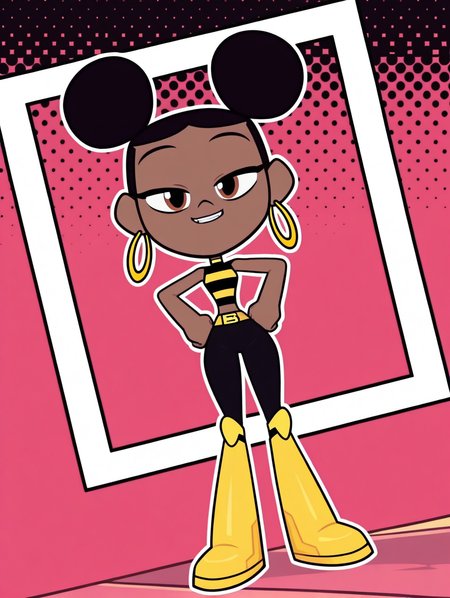 bumblebee, 1girl, solo, full body, dark brown skin, black hair, double buns hair, afro puffs, golden hoop earrings, turtleneck crop-top, black and yellow top, golden arm bands, golden belt, long pants, black leggings, yellow boots, (smile, dutch angle, Hands on hips,naughty pose, looking at viewer, solo, dynamic pose, full_body, head tilt,),(( dynamic halftone dot background, stylized background, White frame, Square frame, white outline))