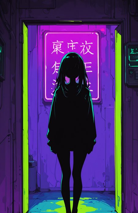score_9, score_8_up, score_7_up, masterpiece, best quality, very aesthetic, detailed face, (dynamic:1.2), stylized, illustration, dynamic pose, nsfw, girl, small nose, masterpiece, best quality, newest, highres, absurdres, <lora:LeIsT0_style:1>,LeIsT0_illu,Dark anime style, silhouette of a girl with long hair, no eyes, green doorway, purple walls with Japanese text, eerie atmosphere, high contrast, cyberpunk aesthetics, neon lights, mysterious, foreboding, digital art, 2D illustration, dramatic lighting, moody color palette <lora:ck-shadow-circuit-IL:0.4> in the style of ckscâââ