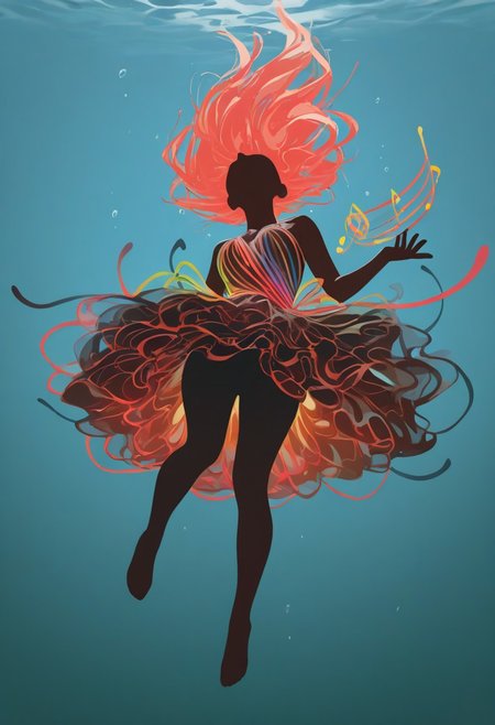 1girl, fantastical dress, floating, underwater, making music, inverted background, (flat lighting, flat color, flat design, no lineart:1), spot color, triadic colors, film grain, local color adaption, neon, pearlescent, masterpiece, best quality, amazing quality, very aesthetic, absurdres, newest,