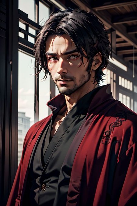 Master piece, highest quality, highest possible OverallDetail, semirealistic, red eyes,
Create an elder of a demonic sect.
The character looks like he is in his late twenties or early thirties. He is handsome.
He has black shoulder-length shaggy hair. 
His outer robe is black and the inner robe is dark red. 
His eyes are dark red. Detailed face. Red robe.
He meditates in nature.
perfecteyes eyes