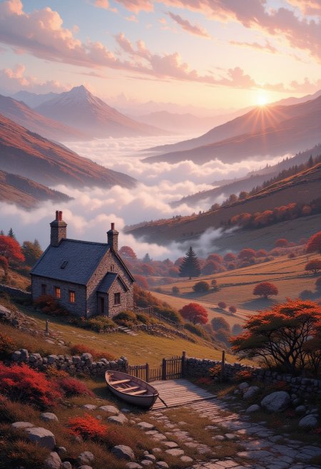 Morning Mist in the Scottish Highlands
"A thick mist rolls over the Scottish loch, swirling like a living thing as the sun’s first light turns the sky a delicate pink and gold. The wooden terrace overlooks the still water, where a lone rowboat drifts aimlessly, its oars missing. Stone cottages dot the landscape, their chimneys releasing thin wisps of smoke that vanish into the morning air. The distant call of a bird echoes over the hills, but no reply follows. The scent of damp earth and heather lingers, as if the land itself is holding its breath."