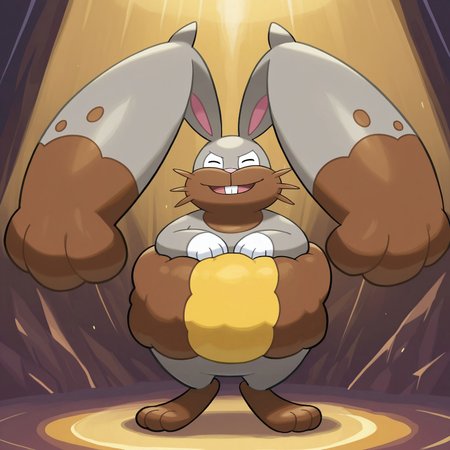 Diggersby, solo, pokemon (creature), rabbit, buck teeth, white sclera, eyes closed, gray body, fluffy, brown and yellow fur, brown muzzle, multicolored fur, white hands, pink nose, brown neck, brown whiskers, huge ears, pink inner ears, three toes, three fingers, brown feet, gray and brown ears

BREAK open mouth smile, standing, facing viewer, abstract background