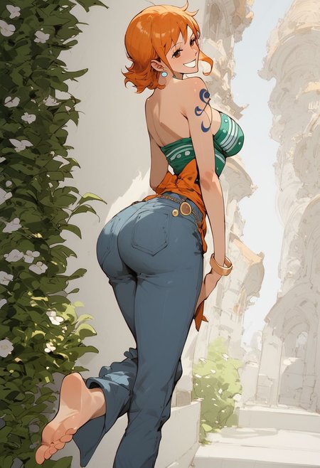 ,score_9, score_8_up, score_7_up, Expressiveh, (masterpiece), nami, low waist jeans,(blush, joyful, smile),  skinny, post timeskip nami, orange short hair, anime, one piece style, from the back, looking at camera, one feet up, one piece anatomy, huge ass, thight clothes, shiny skin, sexy, solo, beautiful face, perfect face, outside, standing up, oily skin, simple background, very detailled face, very detailled ass, fullbody, solo