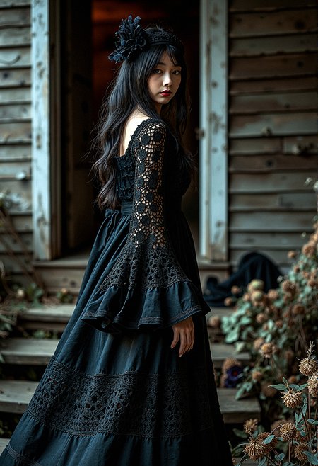 A Gothic woman with dark tones and intricate details, dressed in a bohemian crochet dress with voluminous bell sleeves. The rustic wooden house setting is illuminated by dramatic, high-contrast lighting, creating a moody, mysterious atmosphere. Black flowers and wilted blooms add to the textured, haunting beauty of the scene.

The woman turns slightly to one side as she walks, her dress flowing around her legs in a gentle arc. colorful







