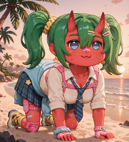 (dance, sparkling, happy, smile:1.2), (doro, :3, chibi, no pupils, solid circle eyes, full body, white skin, all fours, depth of field, bokeh, sunset, golden hour, beach, sand, palm tree, ocean, rocks, detailed background:1.5), fortnite_nemia, 1girl, solo, green hair, twintails, ponytail, long hair, bangs, hair between eyes, hair over one eye, ears, horns, oni horns, single horn, red skin, pink skin, blue eyes, parted lips, bandaid, bandaid on nose, bandaid on thighs, breasts, shirt, school uniform, necktie, plaid skirt, thighhighs, socks, loose socks, boots, jewelry, earrings, bracelet, charm, belt, gloves, fingerless gloves, knee pads, leg warmers, collarbone, solo, colored skin, hair ornament, hairclip, scrunchie, holster, striped necktie, clothes around waist, oni, plaid, charm (object), blue necktie, sweater around waist, animal print, heart, shoes, star (symbol), thigh holster, (female focus, female_focus, sweating, sweat:1.8),  <lora:Fortnite_Nemia_Demonically_Cute_Set_ILXL_E41_16_DIM:0.7>, <lora:dmd2_sdxl_4step_lora:1>  <lora:doro_xypher_ixl_v1:1>