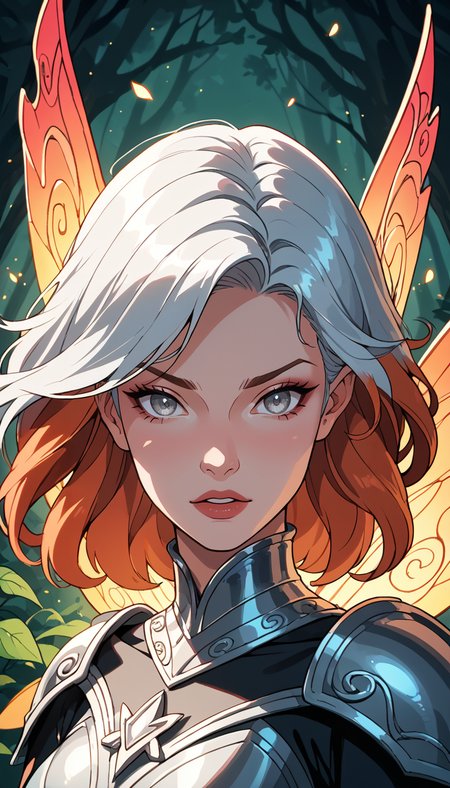 score_9, score_8_up, score_7_up, (Western Comics),  girl, cute, fire fairy, seductive, innocent, french bob copper hair, silver eyes, in high detailed copper light armor, (reflective, intricated), big detailed flaming wings, symmetrical wings, chromatic aberration, colorful, bright colors, (light smile:0.3), moonlight passing through hair, (enchanted forest background), (Portrait photo), (depth of field), (dynamic angle), (ultra detailed, high quality texture), (sharp), (artistic image)