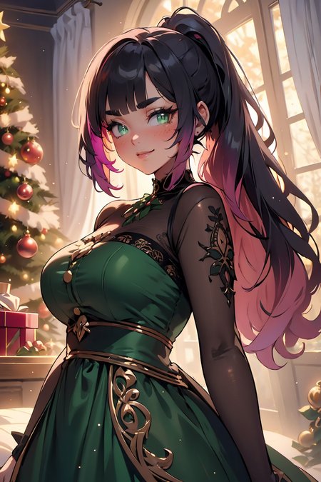 (masterpiece, best quality, highres, high resolution:1.2), extremely detailed, intricate details, 1girl, solo, looking at viewer, clamEmma, <lora:clamEmma:0.6>,  <lora:HolidayIdidalittlebit:0.8> holidayxl style, holidayxl style dress, smile, christmas tree, side-swept bangs, black hair, pink IncursioDipDyedHair, messy mid ponytail, green eyes, thick eyebrows, freckles, <lora:DipDyedHair:0.8>, <lora:weight_slider_v2:0.25>, (cinematic lighting, bloom, volumetric)