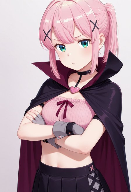masterpiece, best quality, amazing quality, very awa, looking at viewer, 
 <lora:Chiyoda Momo v2:1> 1girl,
short hair, pink hair, ponytail, x hair ornament, green eyes, small breasts, black choker, black cape, crop top, pink shirt, wrist cuffs, fingerless gloves, grey gloves, midriff, pleated skirt, black skirt, black thighhighs
, white background, upper body, pouting, arms crossed