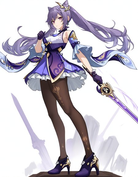 1girl, keqing \(genshin impact\), 
purple dress, high heels, standing, hair bun, gloves, holding weapon, purple hair, long hair, sword, very long hair, holding, looking at viewer, black pantyhose, solo, dress, frilled skirt, weapon, purple footwear, medium breasts, detached sleeves, frills, white background, twintails, holding sword, pantyhose, full body, purple eyes, black gloves, purple gloves, bare shoulders, sakwmg, simple background, closed mouth, skirt, cone hair bun, breasts
 <lora:sakwm:1>