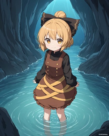 kurodani yamame,1girl, solo, cave, smile, long_sleeves, brown_dress, hair_bow, one-hour_drawing_challenge, wading, black_bow, twitter_username, looking_at_viewer, water, yellow_ribbon, black_shirt, closed_mouth, single_hair_bun, standing
<lora:kurodani_yamame_image2914_2023-12-17-000008:1>,star-shaped_pupils,symbol-shaped_pupils,. gorgeous,key visual, vibrant, studio anime,award-winning, professional, highly detailed,high budget, cinemascope