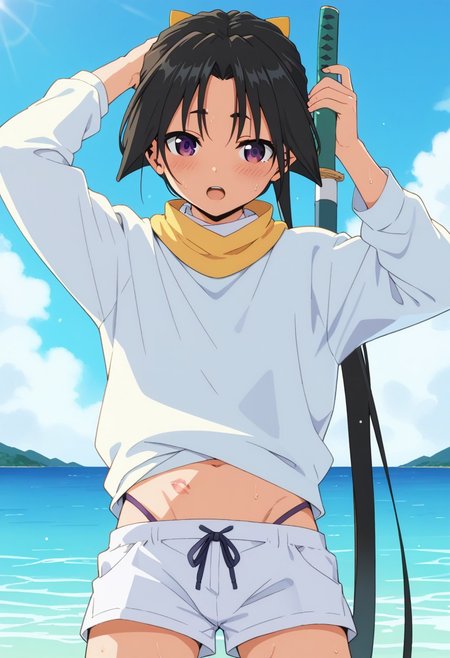 score_9,score_8_up,score_7_up,score_6_up, source_anime, BREAK cowboy shot,1boy,solo,male focus,otoko_no_ko,tokiyuki,top,bulge,open_mouth,emberresed,blush,blue sky,sun,backlighting,ocean,
sweating profusely,
kiss marks on neck and stomach area,
white sweater, 
short white shorts,
small marks and bruises on face