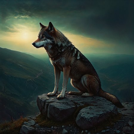 A wolf sitting atop a rocky spur, overlooking a valley.

Ominous, dark night. Atmospheric.

<lora:Tonalism01b_CE_XL_300-OT:0.8> tnlsmCE_style