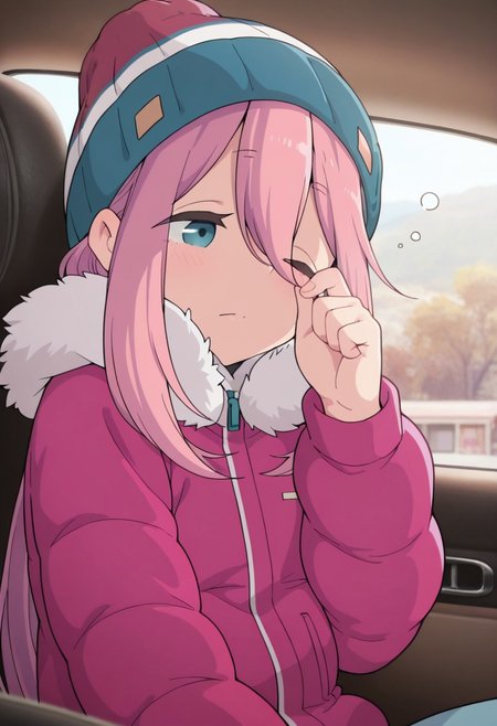 masterpiece,best quality,amazing quality, kagamihara nadeshiko, pink hair, long hair, blue eyes, 1girl, hat, solo, one eye closed, beanie, car interior, hair between eyes, closed mouth, rubbing eyes, jacket, sleepy