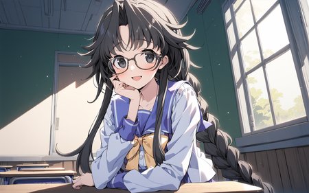 1girl, chisa\(memories off 6\), solo, glasses, long sleeves, class room, table, window, black long hair, yellow bowtie, single braid, sumisora school uniform, black eyes, open mouth, smile, looking at viewer, upper body, masterpiece, best quality, very aesthetic, absurdres, vivid colors, highres, 4k, 8k, intricate detail, cinematic lighting, wallpaper <lora:chisa_v2:1>  <lora:aesthetic_anime_v1s:1>