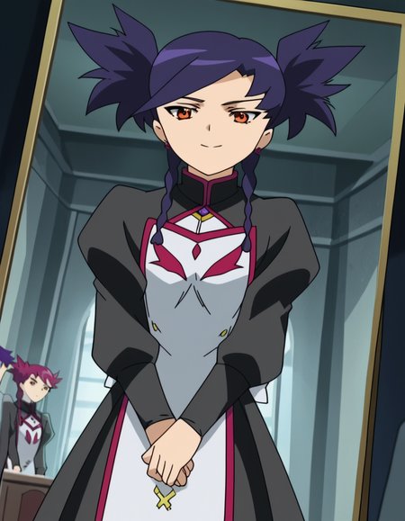 score_9, score_8_up, score_7_up, source_anime, <lora:nina-wang-s1-ponyxl-lora-nochekaiser:1>, nina wang, bangs, twintails, purple hair, braid, twin braids, orange eyes, anime screencap,, long sleeves, dress, jewelry, earrings, puffy sleeves, black dress, juliet sleeves,, dressing room, mirror, lights, costumes, makeup, smile, smile, looking at viewer, solo,, dutch angle, cowboy shot