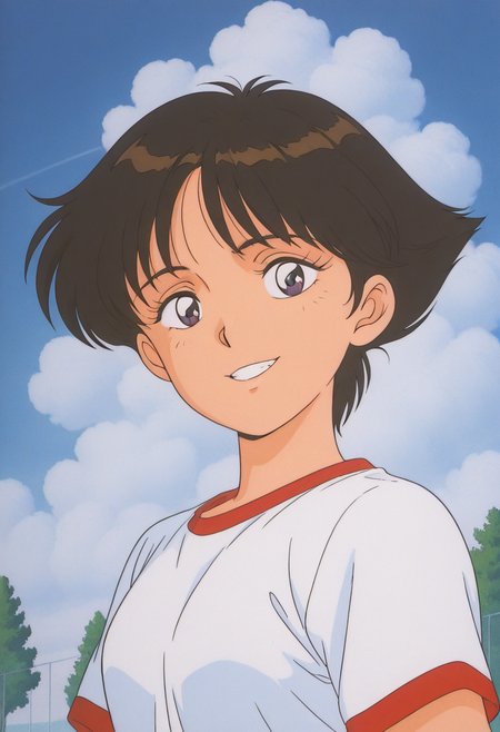 masterpiece, best quality, source_anime,official art,perfect_anatomy,1990s_\(style\),retro_artstyle,1girl,solo,Aiko,black hair,short hair,gym_shirt,(beautiful detailed face:1.2),looking_at_viewer,grin,portrait,day,blue_sky,cloud