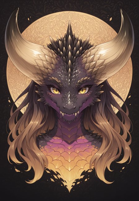 Graphic Design, color art, vibrant colors, colorful, intricate details, high contrast, detailed background, beautiful detailed, beautiful face, detailed eyes, detailed face, detailed scales, new, newest, n3rg1g4, 1girl, solo, furry, anthro, dragon, yellow eyes, horns, spikes, fangs, no humans, portrait, dynamic pose, closed mouth, long hair, (masterpiece, best quality, newest, recent, absurdres),
