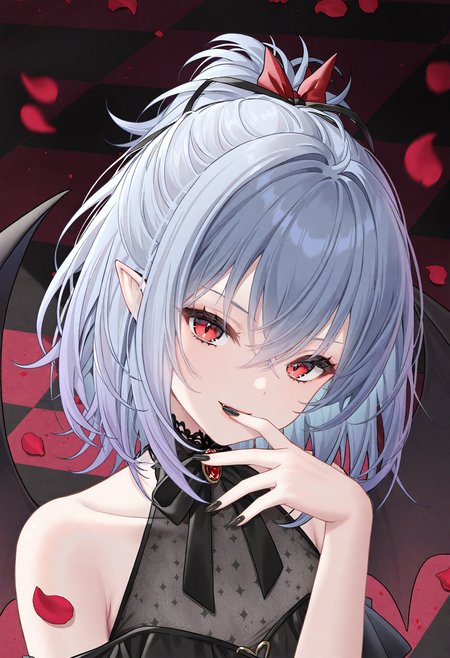 1girl, remilia scarlet, wings, solo, red eyes, bat wings, looking at viewer, ribbon, pointy ears, bare shoulders, black nails, grey hair, checkered floor, petals, alternate costume, upper body, smile, nail polish, collarbone, hair between eyes, blue hair, hair ribbon,
masterpiece,best quality,newest,absurdres,highres,very awa,<lora:haneru1_noob1.1-000195:0.8>,