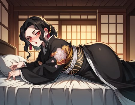 score_9, score_8_up, score_7_up, source_anime,
muzankibutsuji, <lora:muzan-kibutsuji-ponyxl-lora-nochekaiser:1>,
muzan kibutsuji, black hair, hair ornament, red eyes, red lips,
japanese clothes, wide sleeves, kimono, sash, obi, floral print, black kimono,
indoors, bed, bed room, on side, blush, drunk,
solo, dutch angle, looking at viewer, cowboy shot,