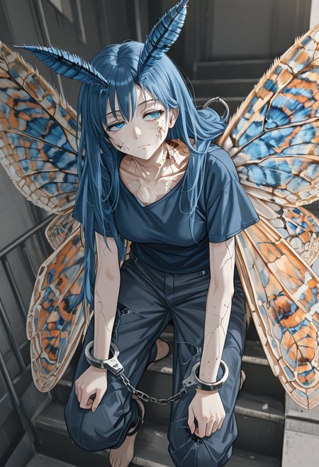 masterwork, masterpiece, best quality, detailed, depth of field, , high detail, best quality, very aesthetic, 8k, dynamic pose, depth of field, dynamic angle, adult, aged up, <lora:86nononostyle:1>,86_(nononononoway)  ,  1girl,antennae,arthropod_girl,barefoot,blue_eyes,blue_hair,butterfly_wings,cuffs,expressionless,handcuffs,insect_wings,long_hair,moth_girl,multiple_wings,pants,short_sleeves,solo,wings, (cracked cheeks,face cracks,cracked skin:1.2), (cracks on neck), crack on chin, cracks on skin, cracks on arms, cracks on legs, flying , 1other,animal,bone,creature,dog,goat,greyhound,horns,oversized_animal,stairs