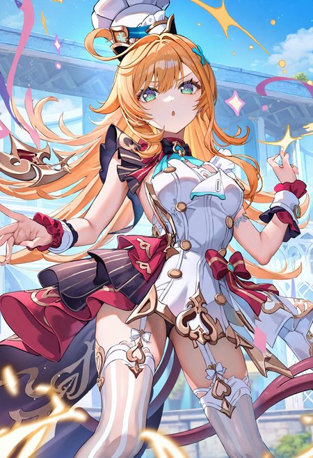escoffier \(genshin impact\),1girl,chef hat,thighhighs,hair ornament,ahoge,solo,hat,chef hat,long hair,white thighhighs,wrist cuffs,striped thighhighs,striped,white headwear,sleeveless,tail,bow,skirt,
white_,
newest,absurdres,highres,masterpiece,best quality,year 2024,
(yoneyama mai:1),(torino aqua:0.6),(piromizu:0.3),newest,
<lora:escoffier_Noob10:1>,