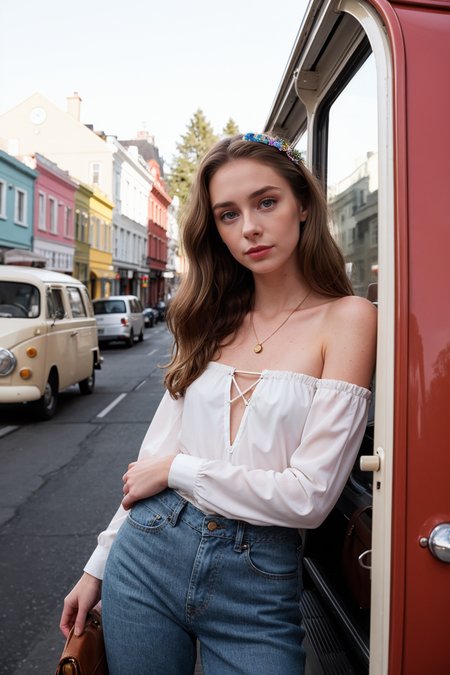 1960s \(style\) photo of cute thin 21 year old jp-Irena, Hippie headband, nude lips, Tunic top, bell-bottom jeans, leather fringes, Psychedelic painted VW bus in Haight-Ashbury, Leica SL2-S, 50mm f/2, 1/250s, ISO 800