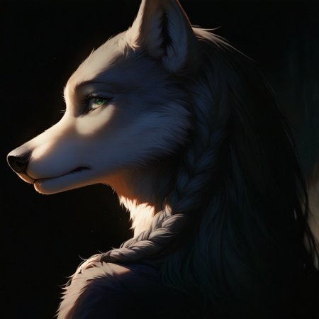 Realistic, highres, super high resolution, 8k, photo, anthro, furry, furry, anthro, fur, tail, detailed fur, detailed,1girl, furry, anthro, wolf, solo, dark, light, masterpiece, best quality, very aesthetic, close up, gray hair, gray twin braids, only two braids, parted lips, view from behind, looking over shoulder, green eyes, beautiful eyes, clear eyes, Realistic, highres, super high resolution, 8k, photo, anthro, furry, furry, anthro, fur, tail, detailed fur, detailed, looking concerned at viewer, facial expression concerned, doubtful