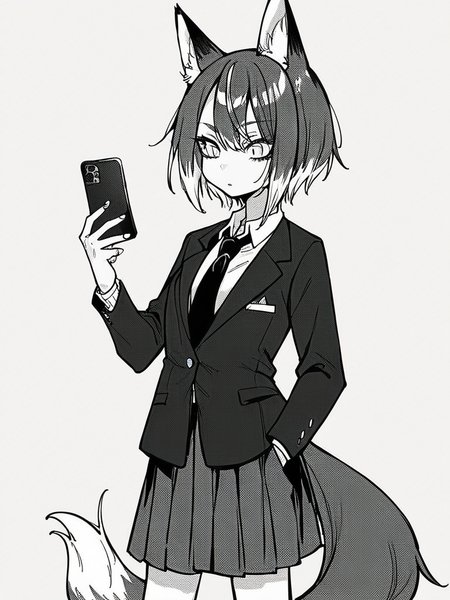 score_9, score_8_up, score_7_up,  
1girl, monochrome, medium hair, grey hair, fox ears, fox tail,  white eyes, slit pupils, standing, school uniform, blazer, hand in pocket, white background, holding phone, looking at phone, loose socks, pleated skirt, grey skirt, necktie, medium breasts,  white highlights, solo,