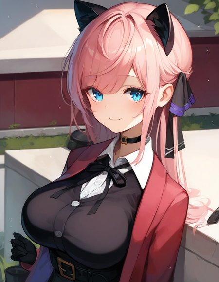score_9,score_8_up,score_7_up,score_6_up BREAK official art,solo,outdoors,smile,upper body,(portrait:1.5),looking at viewer,facing viewer,Vivi,cat ears,long hair,pink hair,hair ribbon,black ribbon,sidelocks,bangs,blue eyes,choker,red coat,black dress,collared shirt,white shirt,shirt under dress,neck ribbon,white button,long sleeves,black gloves,large breasts,black belt,black thighhighs,zettai ryouiki,boots,black footwear,<lora:Vivi(v atmi)-Pony:1.4>,<lora:Smooth Anime Style LoRA XL:0.8>,