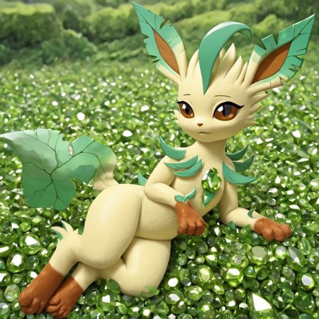 In a gemstone field,outside,hud_per1d0t_wrld, green gemstone, crystal, gem, Brown Eyes,shiny,Leafeon_(Pokemon),body made out of crystals,Light Yellow FurBrown Tipped Hands,solo,female1,look at the viewers,in a bed,beautiful detail,masterpiece,high-quality,