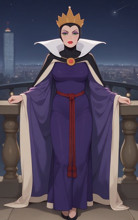 score_9, score_8_up, score_7_up, looking at viewer,  BREAK
Dress_QueenGrimhilde_ownwaifu,
1girl, crown,  makeup, lipstick, red lips,  green eyes,  eyeshadow, breasts,
red rope, rope belt, cape, dress, long sleeves, brooch, gem, robe, wide sleeves, purple dress, purple cape,  jewelry, high collar, silk,
(standing, arm_support), railing, cityscape, night, city, city lights, scenery, starry sky, vanishing point, outdoors, <lora:PONYXL_SnowWhite_QueenGrimhilde_ownwaifu:0.9> , depth of field, solo,