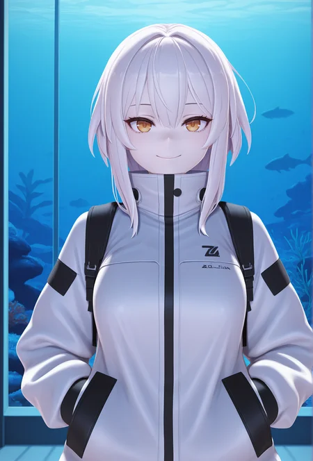 (masterpiece, best quality, very aesthetic, absurdres:1.2), 1girl, science fiction, aquarium, pale skin, white hair, straight-on, jacket, looking at viewer, smile, <lora:zy0n7_style_illustrious_v1:1> z07style