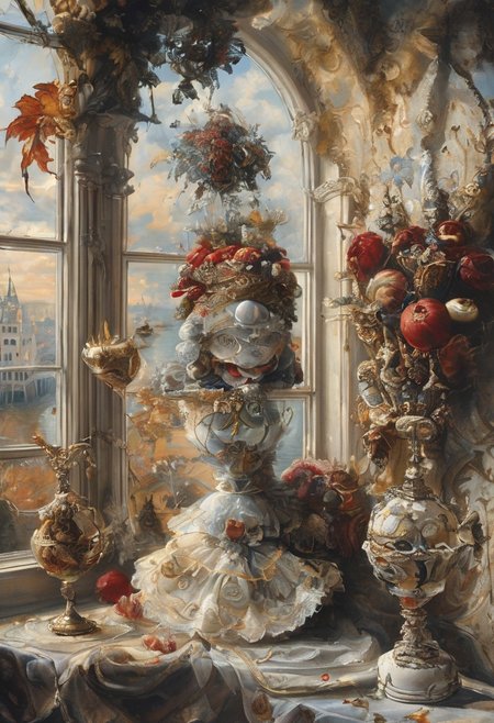 A still life in the style of 17th-century Dutch masters: Venetian mask with gilt edges and velvet texture, antique brass hourglass, crystal goblet filled with red wine, grapes with dewdrops. Dramatic Rembrandt-style lighting from a side window casting deep shadows. Through the window: a fantasy landscape — medieval castle with floating bridges and stained-glass towers, Baroque clouds (voluminous, illuminated by golden light), and a majestic dragon with iridescent scales soaring across the sky. Details: dust motes in light beams, cracked plaster walls, dragon's reflection in the goblet. Technique: oil painting with glazing layers, chiaroscuro contrast, hyperrealistic textures of aged wood and polished crystal.