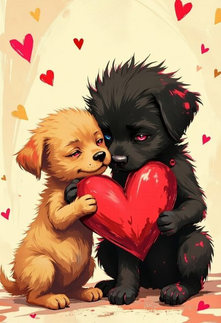 high quality, ultra detailed, colorful, dark fantasy, bo-abyss, bo-neon, ArcaneFGTNR, a digital illustration in a whimsical, romantic style, it features two small, adorable puppies in a loving embrace, the puppy on the left is a small, fluffy golden puppy with closed eyes, holding a large, red heart in its paws, its fur is soft and fluffy, and its ears are perked up, giving it a content and relaxed expression, the puppy on the right is a larger, fluffy black puppy with a soft, fluffy texture, its eyes closed in contentment as it holds the heart close to its chest, the background is a soft gradient of beige and white, with scattered golden hearts and small red hearts floating around them, creating a romantic and dreamy atmosphere, the overall color palette is warm and inviting, with soft, warm tones that enhance the cozy and intimate feel of the scene, the illustration is highly detailed, with a focus on soft textures and delicate, almost ethereal quality, making it a captivating and romantic piece of art