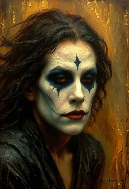 (((closeup painting))) of a female, crouched in an alley, harlequin makeup, tear streaked face, makeup running, brush strokes, impressionistic, (((dream the crow black dream))), horrifically captivating beauty, pale bone white skin, enticing the viewer closer, painted in style of clive barker, inspired with hellraiser like design, dark shot, shadows, dim light , dark light, red and black theme, cold city street, pouring rain, despair, revenge 
BREAK 
Dutch angle, unique perspective, dramatic lighting