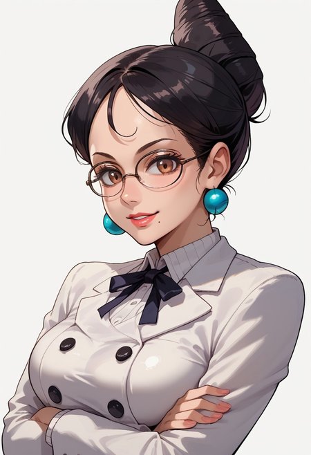 source_anime, score_9, score_8_up, score_7_up, vibrant colors, simple background, detailed, high quality, transparent background,
BREAK
upper body, absurdres, detailed hair, face focus, high detailed face, perfect face, perfect eyes, shiny eyes, lip gloss, shiny hair, brown eyes, glasses, ball earrings, large breasts, black hair, high bun hair, hair bun, mole under mouth, neck ribbon, double breasted blazer, long sleeves, crossed arms, perfect hands, perfect skin, texturized skin, large eyelashes, texturized fabric, seductive smile, suggestive expression